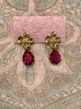 New Fashion Gold Tone and Pink Floral Drop Earrings